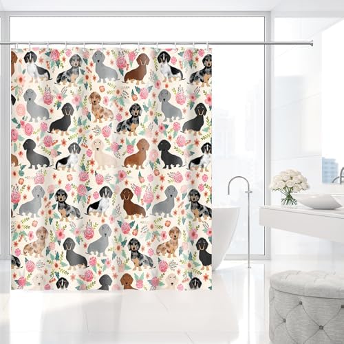 Floral Dachshund Wiener Sausage Dogs Shower Curtain with Hooks 72 x 72 Inch