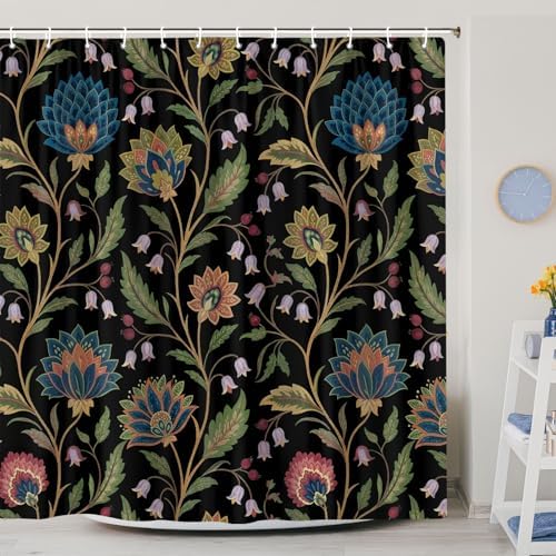 Vintage Floral Shower Curtain for Bathroom, Rustic Farmhouse Black and Teal Sage Green Boho Botanical Shower Curtains, Retro Cottagecore Wildflower Aesthetic Bath Curtain Set with Hooks， 72 x 72 Inch