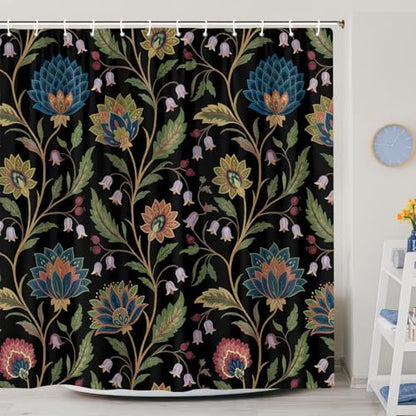 Vintage Floral Shower Curtain for Bathroom, Rustic Farmhouse Black and Teal Sage Green Boho Botanical Shower Curtains, Retro Cottagecore Wildflower Aesthetic Bath Curtain Set with Hooks， 72 x 72 Inch