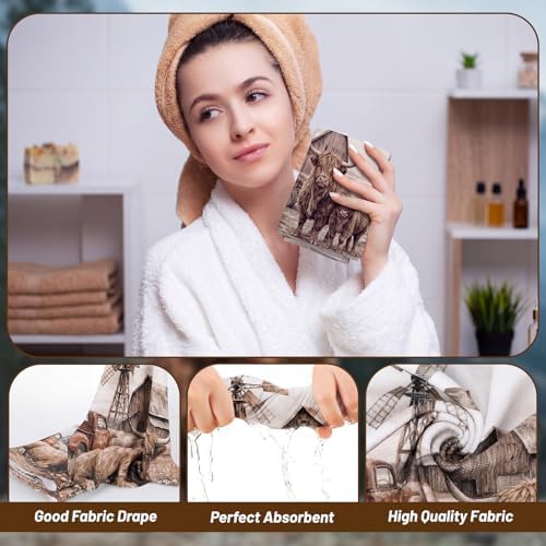 FuWeave 8 Pcs Highland Cow Shower Curtain Sets for Bathroom Farm Daisy Cattle Shower Curtain Sets Rustic Farmhouse Bathroom Accessories with Towels Carpet Bath Mat Toilet Rugs and 12 Hooks
