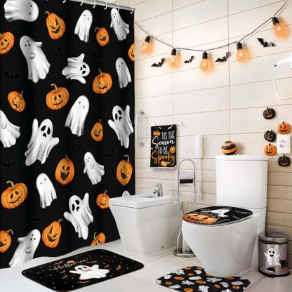 Honoson 8 Pcs Halloween Shower Curtain Set Ghost Pumpkin Bathroom Decor