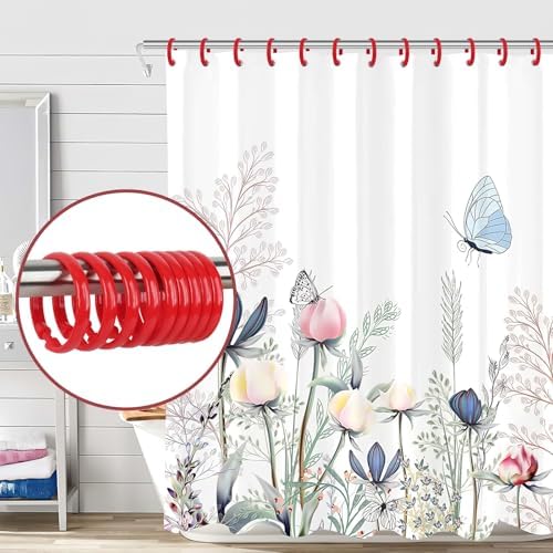 Red Shower Curtain Hooks - 12 Pcs Circular Plastic Shower Curtain Rings for Bathroom - O Shaped Red Shower Hooks Rings for Shower Curtain Rod
