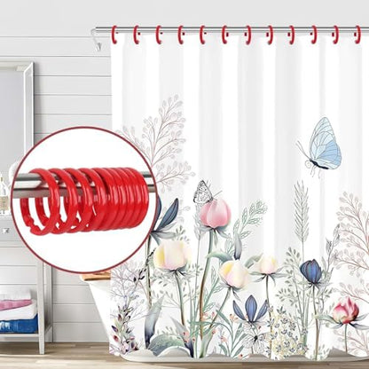 Red Shower Curtain Hooks - 12 Pcs Circular Plastic Shower Curtain Rings for Bathroom - O Shaped Red Shower Hooks Rings for Shower Curtain Rod