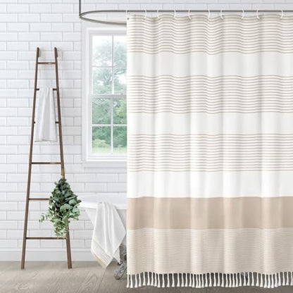 Beige Boho Cotton Striped Shower Curtain with Tassel 72" W X 72" L