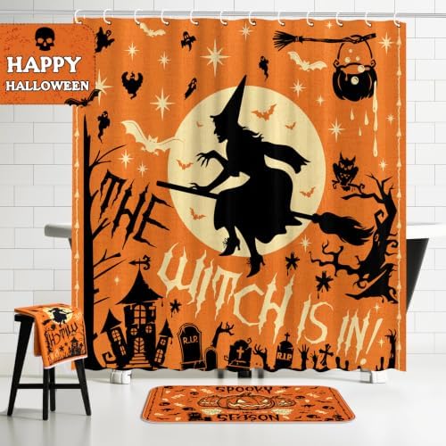 FuWeave 8 Pcs Christmas Shower Curtain Set Xmas Santa Bathroom Decoration Christmas Tree Hand Towels Snowman Toilet Lid Cover Bathroom Rugs Xmas Shower Curtain with Hooks(Witch)