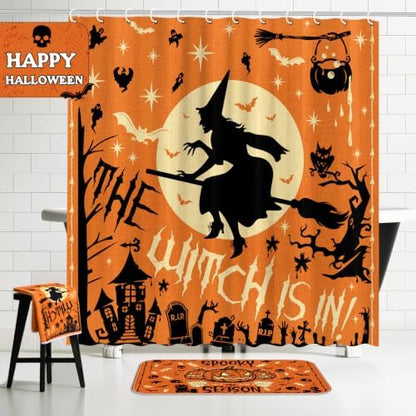 FuWeave 8 Pcs Christmas Shower Curtain Set Xmas Santa Bathroom Decoration Christmas Tree Hand Towels Snowman Toilet Lid Cover Bathroom Rugs Xmas Shower Curtain with Hooks(Witch)
