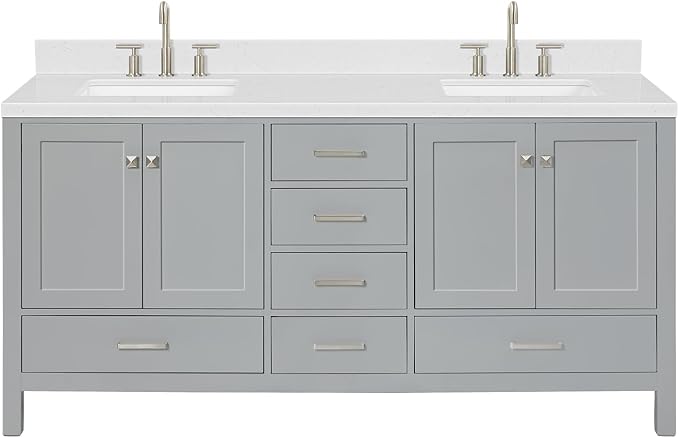ARIEL Cambridge 72-inch Bathroom Vanity with Sink,Solid Wood, 1.5-inch Carrara White Quartz Countertop, Double Rectangular Porcelain Sink, 4 Soft Closing Doors, 6 Dovetail Drawers, Grey