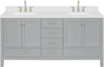 ARIEL Cambridge 72-inch Bathroom Vanity with Sink,Solid Wood, 1.5-inch Carrara White Quartz Countertop, Double Rectangular Porcelain Sink, 4 Soft Closing Doors, 6 Dovetail Drawers, Grey