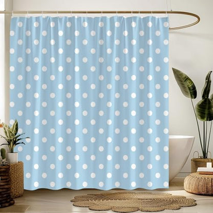Polka Dot Shower Curtain Light Blue White Retro Spot Vintage Fabric Decorative Bathroom Curtains with Hooks,67" Wx70 H