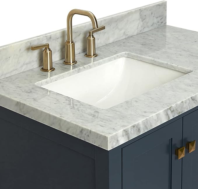 ARIEL Cambridge 36-inch Bathroom Vanity with Sink,Solid Wood, 1.5-inch Italian Carrara Marble Countertop, Single Rectangular Porcelain Sink, 2 Soft Closing Doors, 5 Dovetail Drawers, Midnight Blue