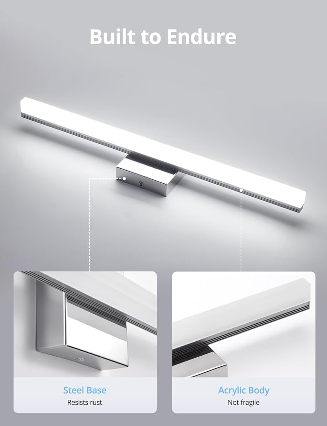 24 Inch Vanity Lights Above Mirror Modern Gentle Lighting Bar for Bathroom, LED Lámparas para Baño sobre Espejo Modernas Chrome Long Restroom Lamp Fixtures for Makeup Daylight 6000K