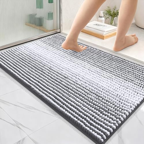 OLANLY Bathroom Rugs 36x24, Soft Chenille Striped Bath Rugs, Grey