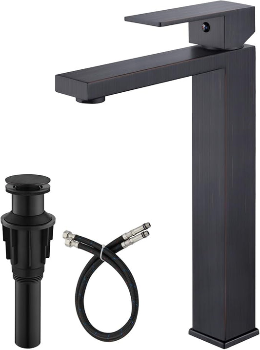gotonovo Vessel Sink Faucet Single Handle Tall Bathroom Faucet One Hole Modern Lavatory Vanity Basin Mixer Tap Matching Supply Hoses and Pop up Drain Without Overflow, Oil Rubbed Bronze