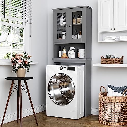 Over the Toilet Storage Cabinet for Bathroom, Storage Organizer Over Toilet, Bathroom Space Saver with Tempered Glass Doors, Gray
