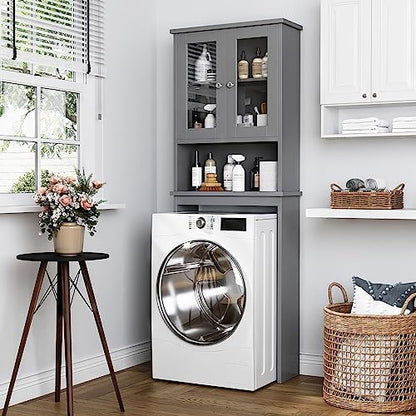 Over the Toilet Storage Cabinet for Bathroom, Storage Organizer Over Toilet, Bathroom Space Saver with Tempered Glass Doors, Gray