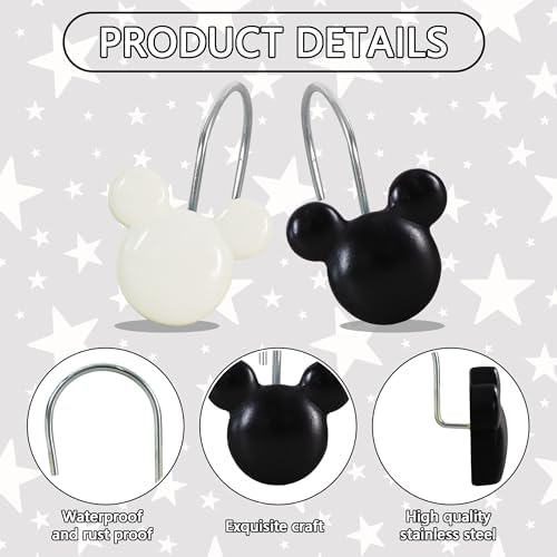 12-Piece Black White Mouse Shower Curtain Hooks for Bathroom