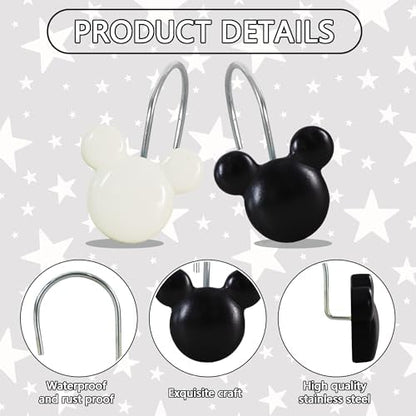 12-Piece Black White Mouse Shower Curtain Hooks for Bathroom