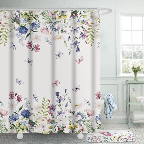 Honoson 8 Pcs Floral Shower Curtain Set with Rugs and Towels