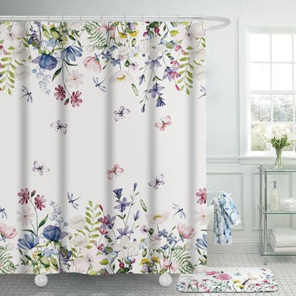Honoson 8 Pcs Floral Shower Curtain Set with Rugs and Towels