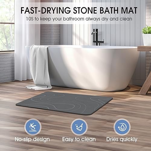 Veeloim Stone Bath Mat Diatomaceous Earth Shower Mat Non-Slip Super Absorbent Diatomite Stone Bath Mats for Bathroom Floor Quick Drying Natural Easy to Clean