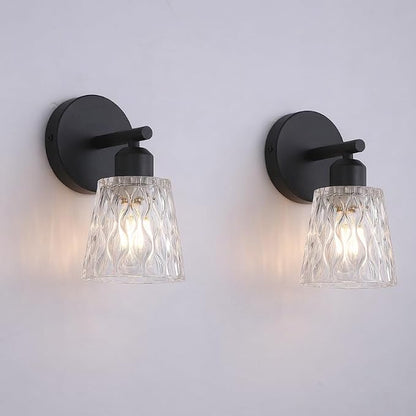 1-Light Black Bathroom Vanity Wall Sconces, 2-Pack Modern Fixtures with Textured Glass Shades and Stainless Steel Frame, E26 Sockets (Bulbs Not Included)