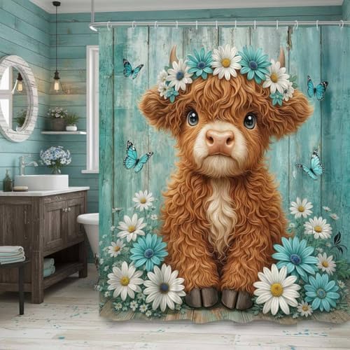 Cute Cow Shower Curtain, Farmhouse Rustic Teal Floral Daisy Highland Cow Shower Curtains for Bathroom, Calf Country Farm Animal Garden Plant Fabric Bathroom Decor with Hooks, 36x72 inch