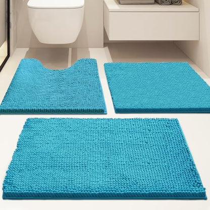 Bathroom Rugs Sets 3 Piece Non Slip,Bath Rugs with PVC Backing Bath Carpet,Bathroom Rug Washable,Absorbent,Plush Carpet Mats,Bath Mats for Bedroom, Kitchen,Tub,Home Decor (Turquoise)