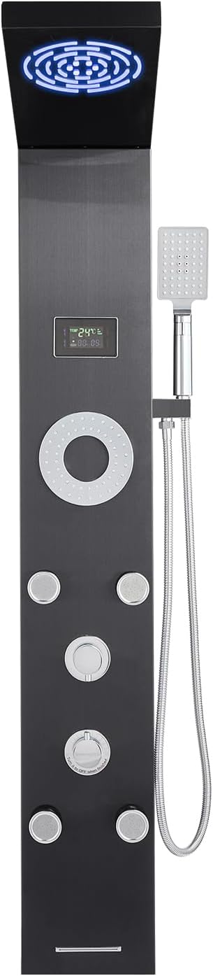VEVOR Shower Panel Tower System with Rainfall Shower Head, LED, 53 in Brushed Stainless Steel Shower Column, 6-Function Faucet, Wall-Mount Rain Massage System with 5 Body Jets, Handheld, Tub Spout