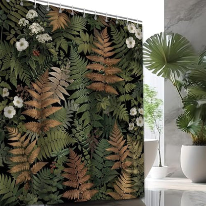 Botanical Fern Shower Curtain 72x72 Inch, Dark Green Nature Leaf Bathroom Curtain with Gold Fern Pattern Waterproof Fabric Bath Curtain Set with 12 Hooks for Home Decor