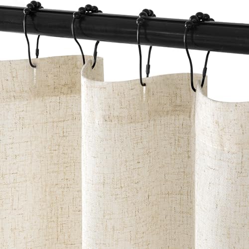 MIULEE W72*L96 Extra Long Linen Shower Curtain Natural 12 Metal Hooks