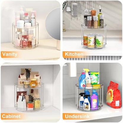 360 Rotating Makeup Organizer, 2 Tier Skincare & Perfume Holder for Bathroom Counter, Clear Spinning Vanity Tray, Lazy Susan Turntable Organizer for Dresser, Kitchen Cabinet