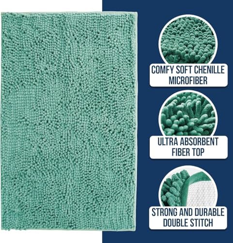 Muddy Mat® | Chenille Bathroom Rugs Quick Dry Microfiber Mats Non Slip Washable, Extra Thick, Soft and Highly Absorbent Bath Mats for Bathroom, Kitchen, and Shower Floor - Seafoam Green 36"x60"