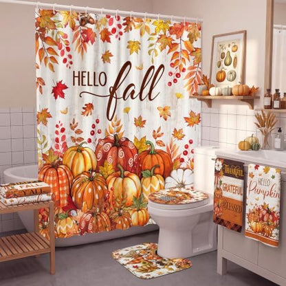 FuWeave 8 Pcs Fall Shower Curtain Set, Farmhouse Pumpkin Maple Leaf Bathroom Decor, Non-Slip Bath Rug, U Mat, Toilet Lid Cover, Hand Towels & 12 Hooks, Autumn Thanksgiving Harvest Home Decor