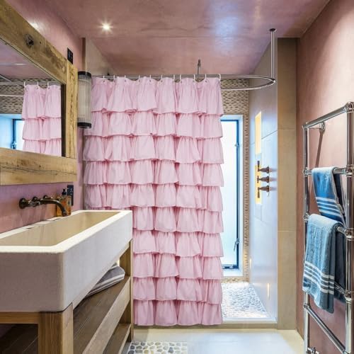 Volens Pink Ruffle Shower Curtain Farmhouse Rustic Fabric Cloth Shower Curtains for Bathroom, 72" x 72"