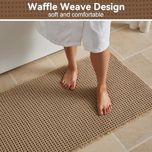 Triohero Waffle Bath Mat, Boho Bathroom Rugs Non Slip Washable, 24x36 Khaki