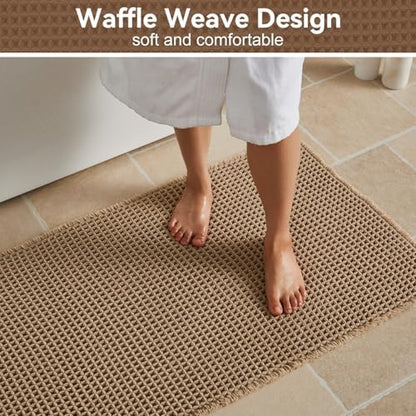 Triohero Waffle Bath Mat, Boho Bathroom Rugs Non Slip Washable, 24x36 Khaki
