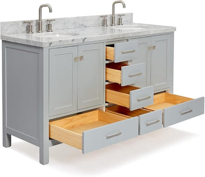 ARIEL Cambridge 60-inch Bathroom Vanity with Sink,Solid Wood, 1.5-inch Italian Carrara Marble Countertop & Backsplash, Double Oval Porcelain Sink, 4 Soft Closing Doors, 6 Dovetail Drawers, Grey