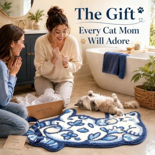 Cute Cat Bath Mat, Unique Blue Small Fun Bathroom Rug