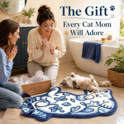 Cute Cat Bath Mat, Unique Blue Small Fun Bathroom Rug