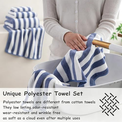 18 Pcs Blue Purple Stripe Bath Towel Set with Hanging Loop-6 Bath Towels,6 Hand Towels,6 Washcloths Soft Family Towels Set Bathroom Towel Highly Absorbent Quick Dry Shower Towel for Beach Chair Hotel