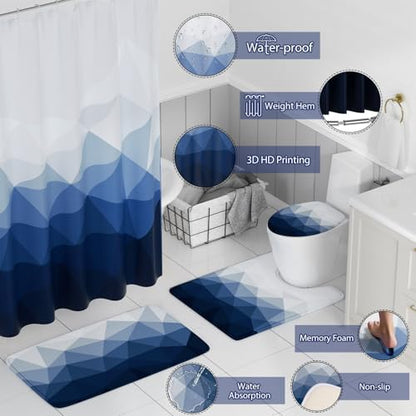 XLHOMO Bathroom Accessory Set - 26PC Bathroom Shower Curtain and Rug Set, Bathroom Accessories Set, Navy Blue Bathroom Set with Trash Can, Toilet Brush, Qtip Holder & Soap Dispenser