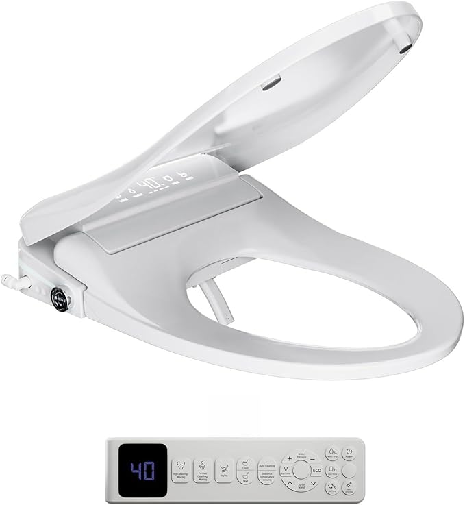 Sanyipace Bidet Toilet Seat, Elongated Electric Smart Heated Toilet Seat with Warm Water & Dryer, Self-Clean Nozzle, Night Light, Soft-Close Automatic Lid, Aromatherapy Function (White LED)
