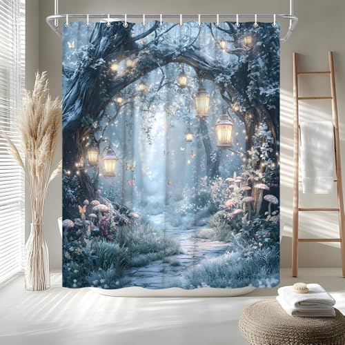 Fantasy Forest Path Shower Curtain Winter Fairy Magical Enchanted Misty Jungle Mushroom Floral Tree Butterfly Lantern Wonderland Bath Curtain Fabric Bathroom Accessories Decor with Hooks 84W x70L