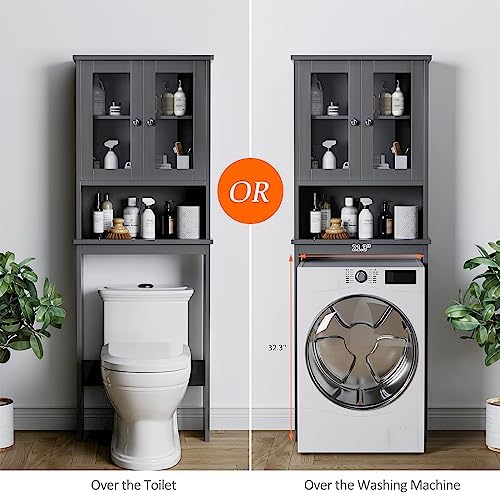 Over the Toilet Storage Cabinet for Bathroom, Storage Organizer Over Toilet, Bathroom Space Saver with Tempered Glass Doors, Gray