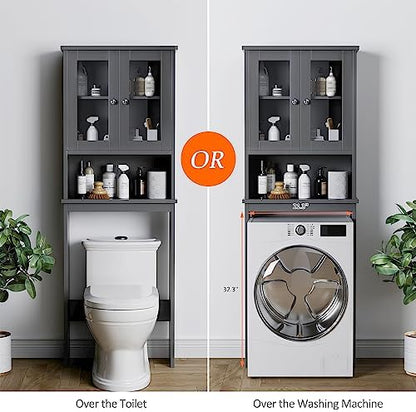 Over the Toilet Storage Cabinet for Bathroom, Storage Organizer Over Toilet, Bathroom Space Saver with Tempered Glass Doors, Gray