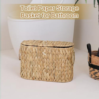 efluky Toilet Paper Storage Basket, Water Hyacinth Slim Toilet Paper Holder with Lid- Holds Up to 9 Mega Rolls, Home Bathroom Decor Organizer