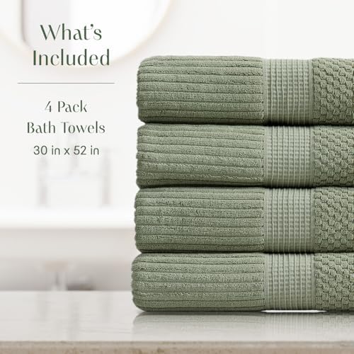 Springtree Home 100% Cotton Bath Towel Set | 4-Pack | Textured | Green