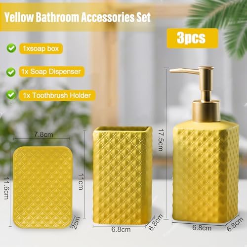 Jessie Bathroom Accessories Set, 3 or 4-Piece Ceramic Bathroom Accessory Set,Soap Dispenser,Toothbrush Holders Set,Tumbler,Soap Dish Embossed Matte Bathroom for Modern Bathrooms (Yellow 3-Piece Suit)