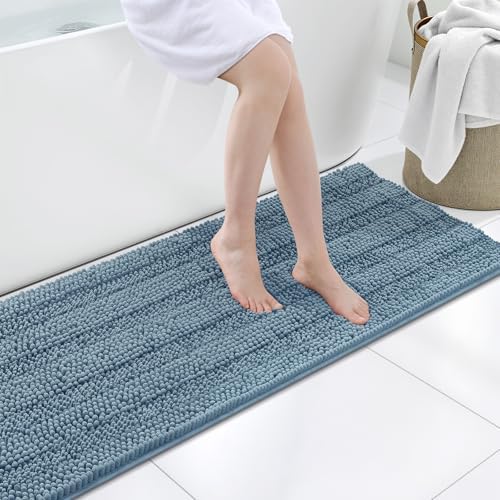 Grandaily Chenille Striped Bathroom Rugs 59x20, Extra Thick and Soft Absorbent Bath Mats, Rubber Backing, Plush Shaggy Shower Carpet, Machine Wash Dry, Bath Rug for Bathroom, Airy Blue