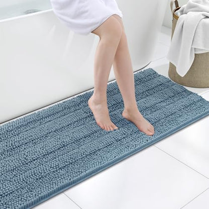 Grandaily Chenille Striped Bathroom Rugs 47x20, Extra Thick and Soft Absorbent Bath Mats, Rubber Backing, Plush Shaggy Shower Carpet, Machine Wash Dry, Bath Rug for Bathroom, Airy Blue